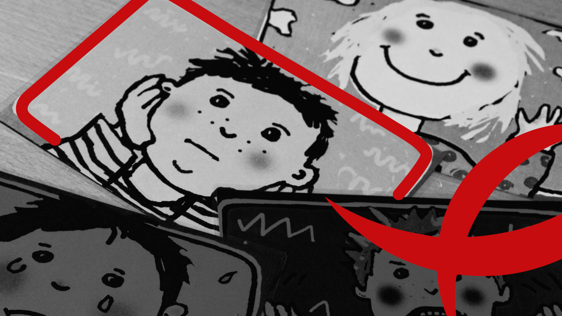 Psychatrie Emotionale Kinderillustrationen in Schwarz-Weiß mit roten Akzenten.