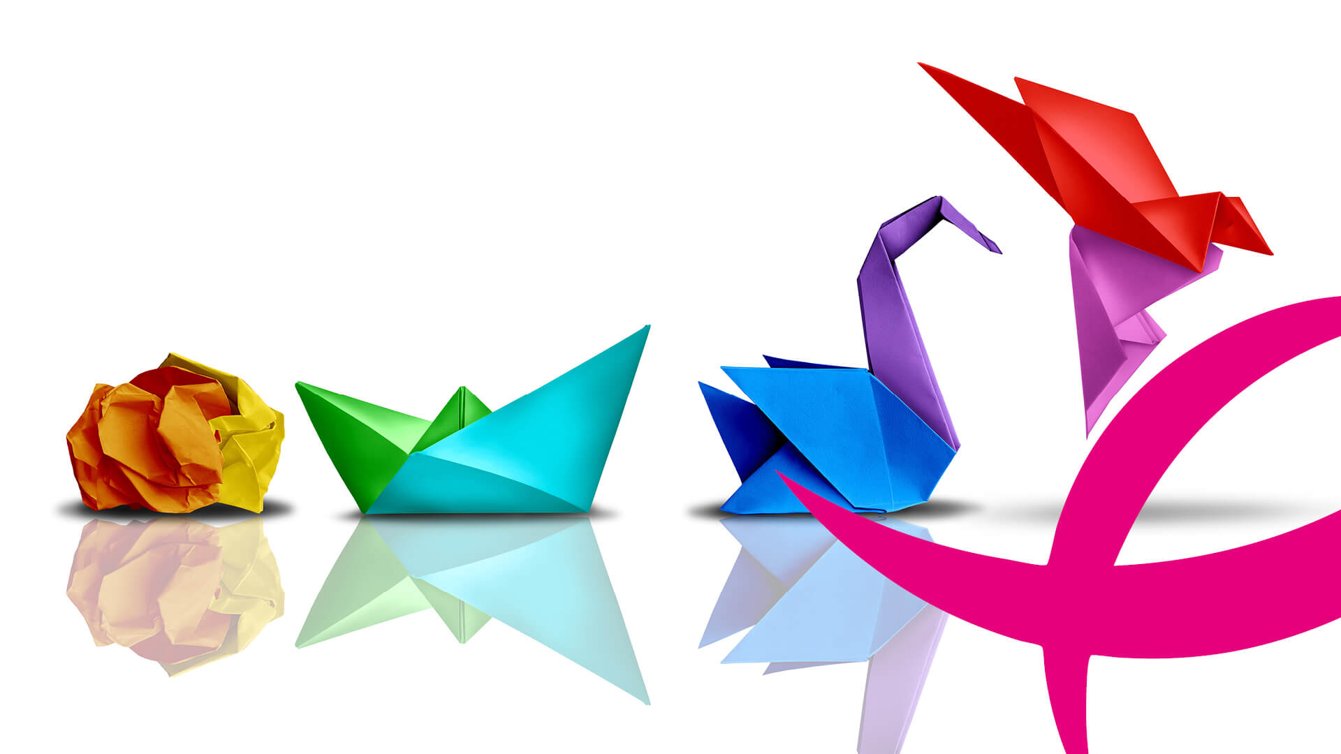 Kompetenz I Welten Farbige Origami-Figuren von zerknülltem Papier bis zum filigranen Kranich.