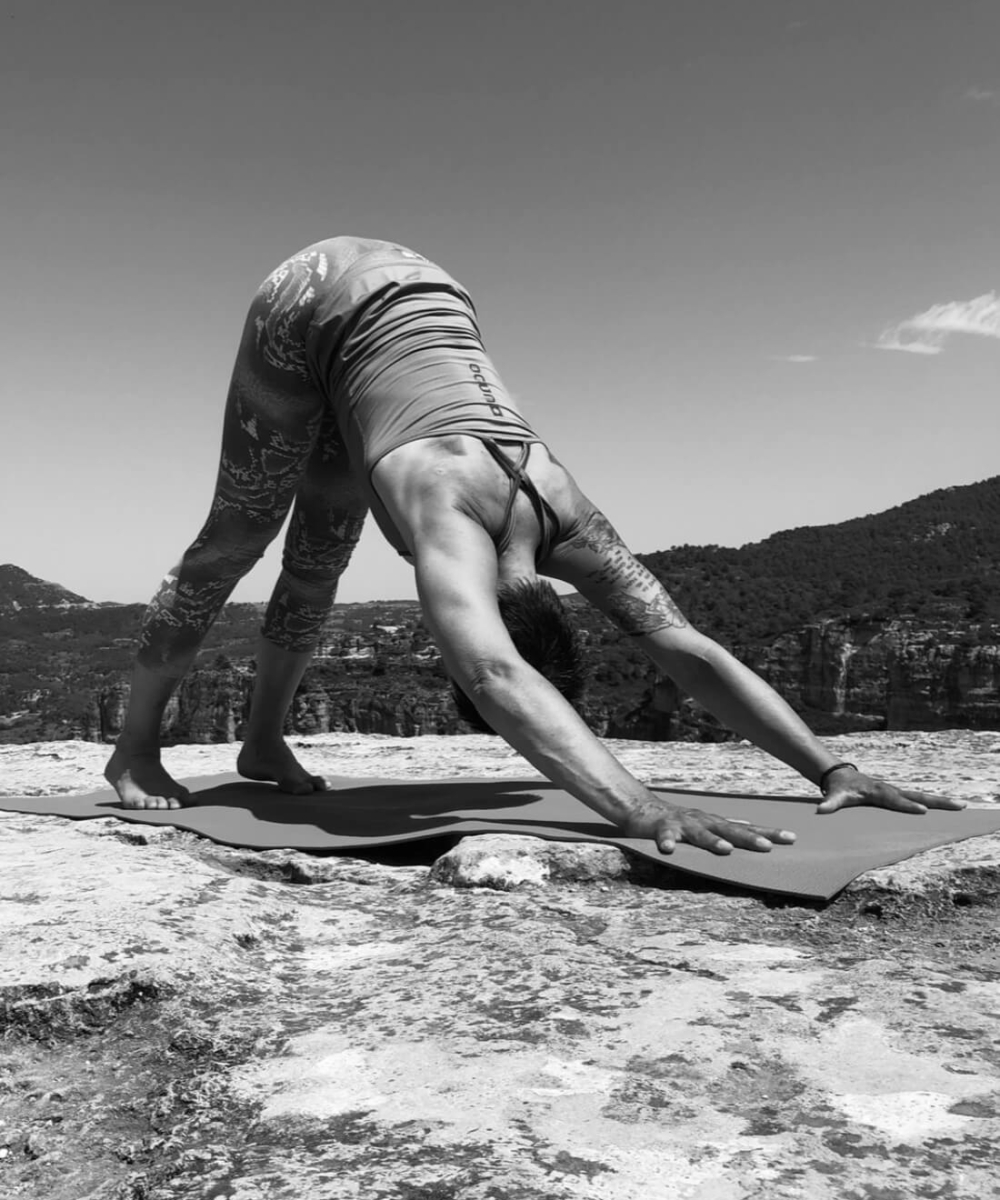 Yoga Frau Müller in Yoga-Pose „herabschauender Hund“ auf Matte mit Bergpanorama im Hintergrund.